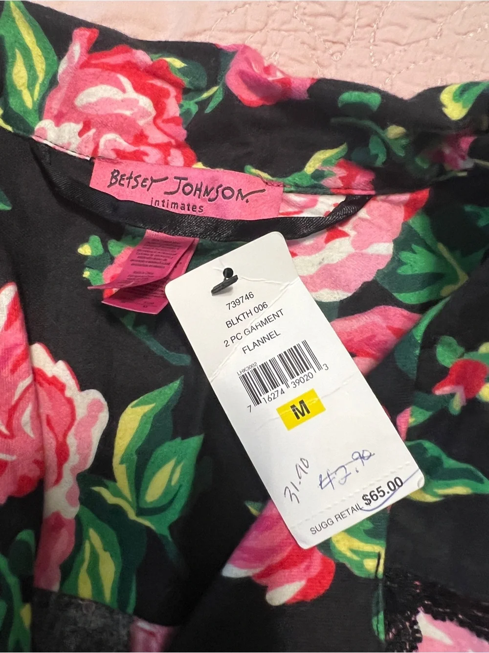 Betsey Johnson Flannel Pajama Top with Heart Pocket & Pink Rose Print